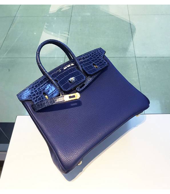 Hermes Birkin 25cm Bag Sapphire Blue Original Togo With Real Croc Leather Golden Metal