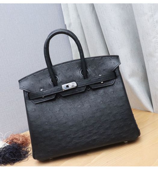 Hermes Birkin 30cm Bag Black Real Ostrich Leather Silver Metal