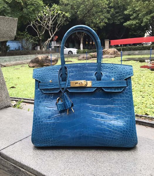 Hermes Birkin 30cm Bag Blue Real Croc Leather Golden Metal