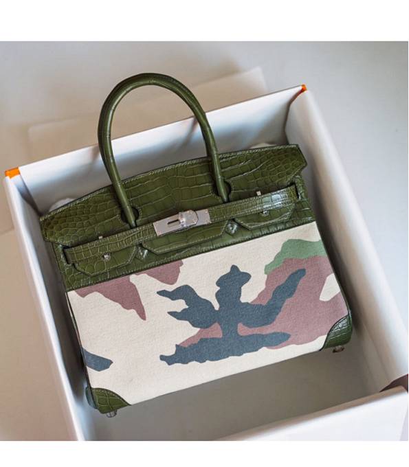 Hermes Birkin 30cm Bag Camouflage Canvas With Army Green Real Croc Leather Silver Metal