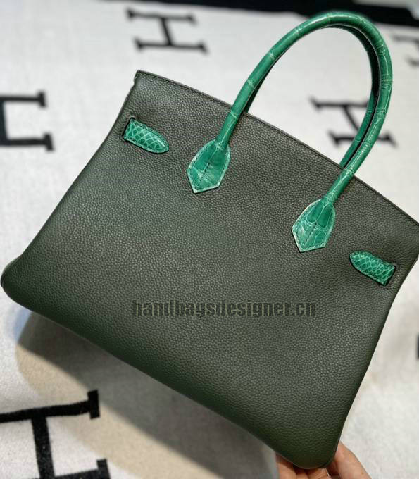 Hermes Birkin 30cm Bag Green Original Real Croc Leather With Army Green Togo Leather Golden Metal-2