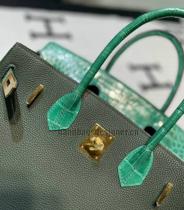 Hermes Birkin 30cm Bag Green Original Real Croc Leather With Army Green Togo Leather Golden Metal-6