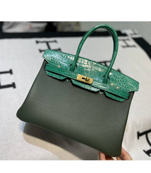 Hermes Birkin 30cm Bag Green Original Real Croc Leather With Army Green Togo Leather Golden Metal