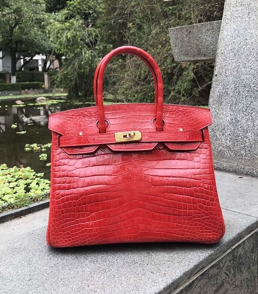 Hermes Birkin 30cm Bag Red Real Croc Leather Golden Metal