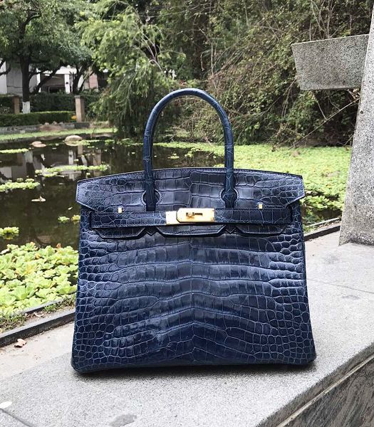Hermes Birkin 30cm Bag Sapphire Blue Real Croc Leather Golden Metal