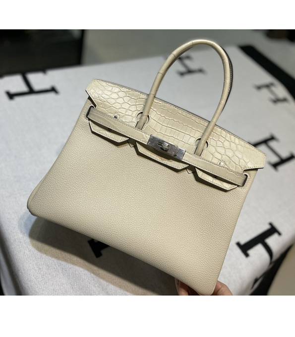 Hermes Birkin 30cm Bag White Original Real Croc Leather With Togo Leather Silver Metal