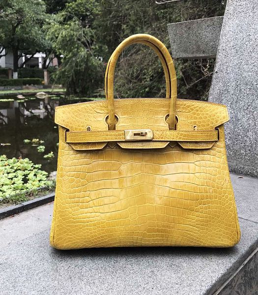Hermes Birkin 30cm Bag Yellow Real Croc Leather Golden Metal