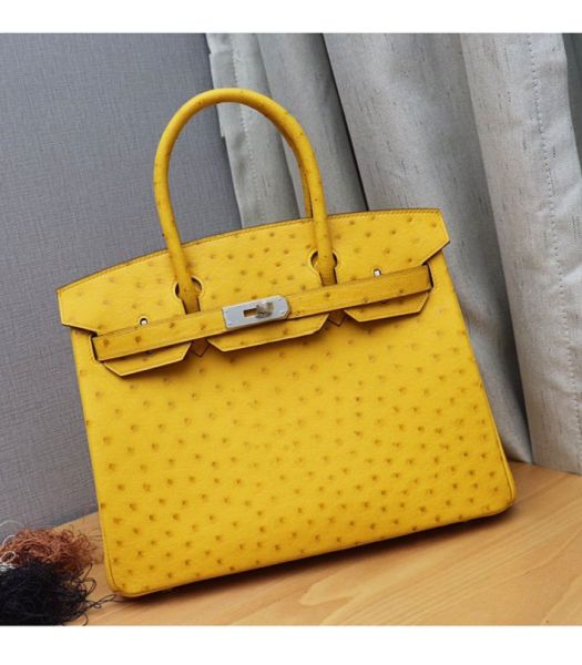 Hermes Birkin 30cm Bag Yellow Real Ostrich Leather Silver Metal