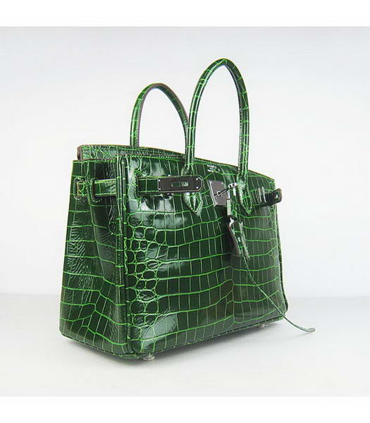 Hermes Birkin 30cm Green Crocodile Veins Handbags Silver Metal-3
