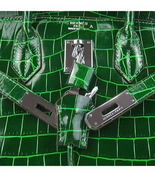 Hermes Birkin 30cm Green Crocodile Veins Handbags Silver Metal-6