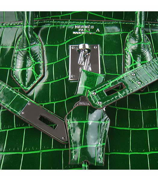 Hermes Birkin 30cm Green Crocodile Veins Handbags Silver Metal-7
