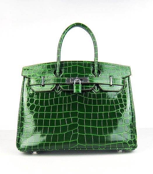 Hermes Birkin 30cm Green Crocodile Veins Handbags Silver Metal