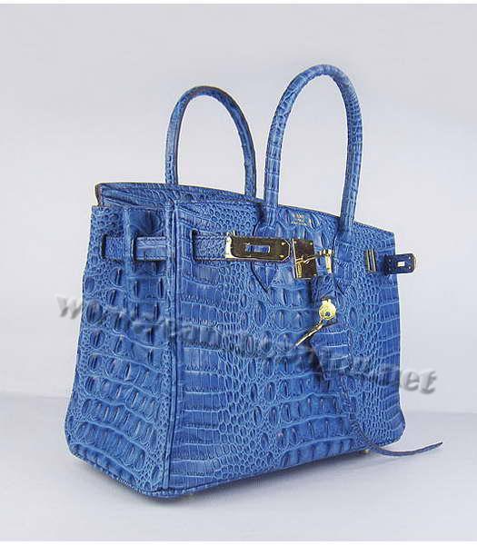 Hermes Birkin 30cm Handbag Croc Head Veins Dark Blue Leather Gold Metal-3