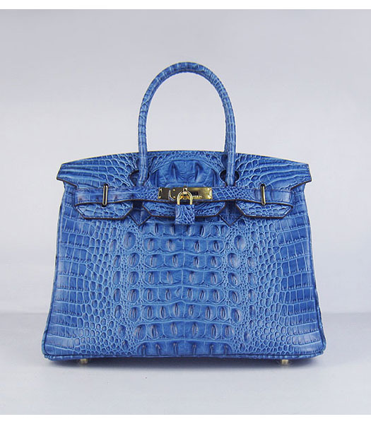 Hermes Birkin 30cm Handbag Croc Head Veins Dark Blue Leather Gold Metal