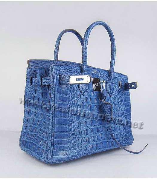 Hermes Birkin 30cm Handbag Croc Head Veins Dark Blue Leather Silver Metal-3