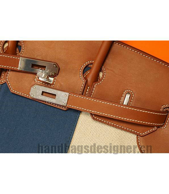 Hermes Birkin 35cm Bag Blue Canvas With Brown Original Leather Golden Metal-5