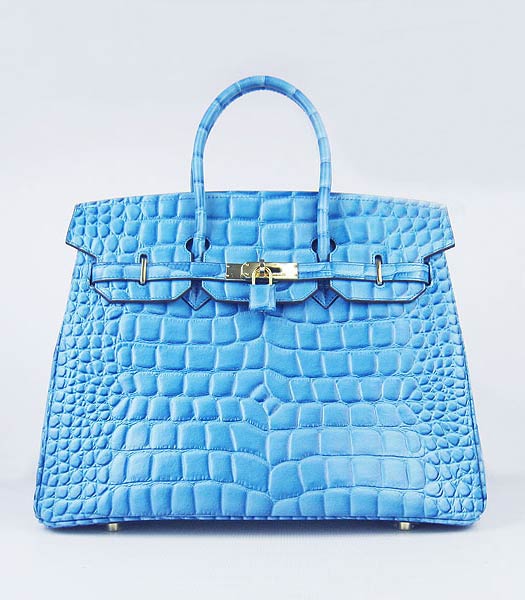 Hermes Birkin 35cm Bag Light Blue Big Croc Veins Leather Golden Metal