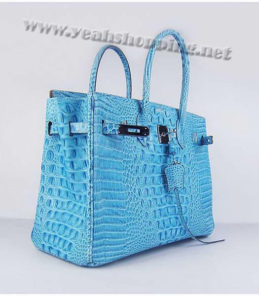 Hermes Birkin 35cm Bag Light Blue Croc Head Veins Leather Silver Metal-3