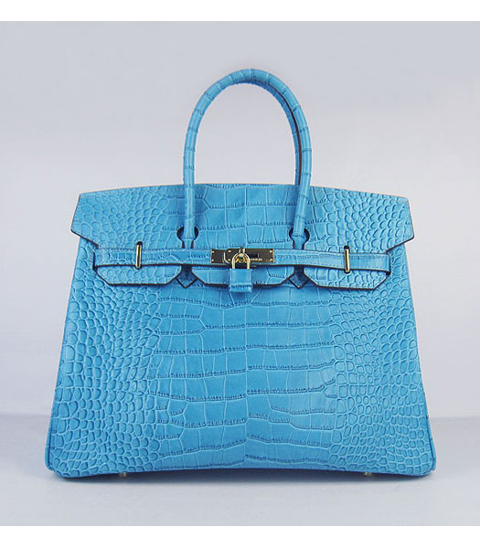 Hermes Birkin 35cm Bag Light Blue Croc Veins Leather Golden Metal