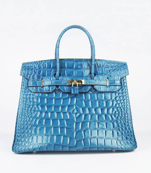 Hermes Birkin 35cm Bag Middle Blue Big Croc Veins Leather Golden Metal
