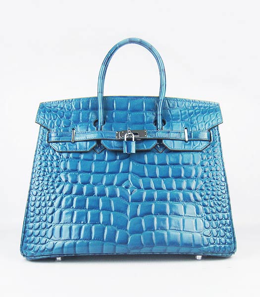 Hermes Birkin 35cm Bag Middle Blue Big Croc Veins Leather Silver Metal