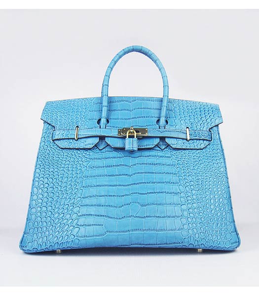 Hermes Birkin 35cm Bag Middle Blue Croc Veins Leather Golden Metal