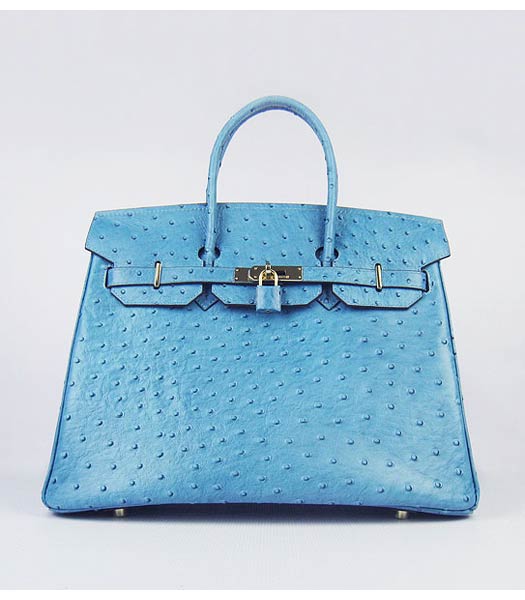 Hermes Birkin 35cm Bag Middle Blue Ostrich Veins Leather Golden Metal