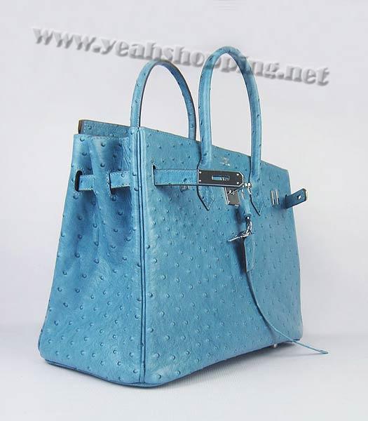 Hermes Birkin 35cm Bag Middle Blue Ostrich Veins Leather Silver Metal-3
