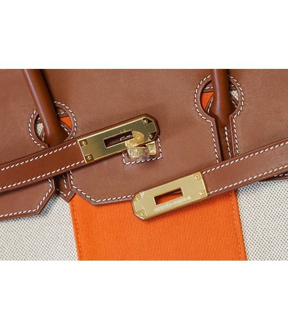 Hermes Birkin 35cm Bag Orange Canvas With Brown Original Leather Golden Metal-3
