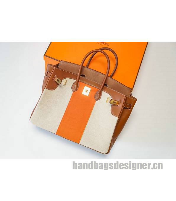 Hermes Birkin 35cm Bag Orange Canvas With Brown Original Leather Golden Metal-4
