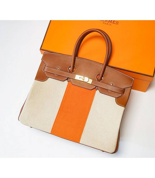 Hermes Birkin 35cm Bag Orange Canvas With Brown Original Leather Golden Metal