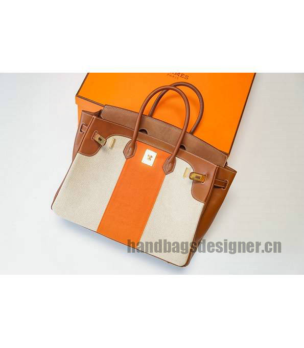 Hermes Birkin 35cm Bag Orange Canvas With Brown Original Leather Golden Metal-4