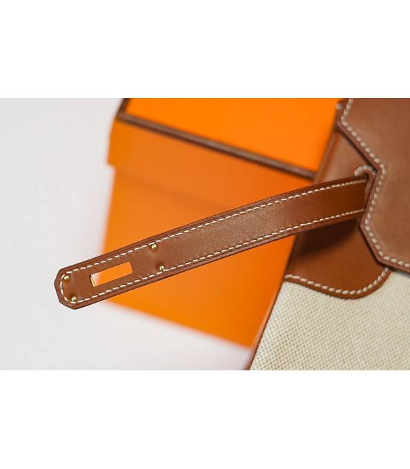 Hermes Birkin 35cm Bag Orange Canvas With Brown Original Leather Golden Metal-8