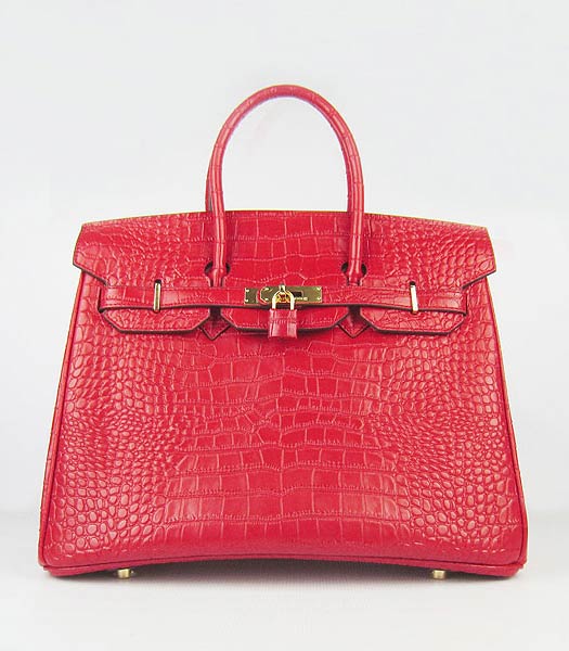 Hermes Birkin 35cm Bag Red Croc Veins Leather Golden Metal