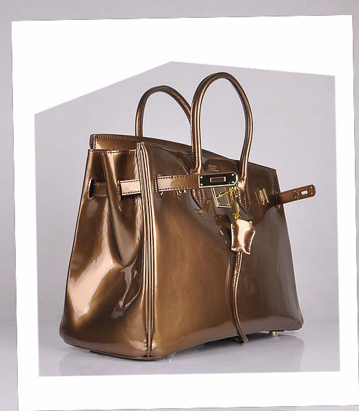 Hermes Birkin 35cm Bronze Patent Leather Bag Golden Metal-4