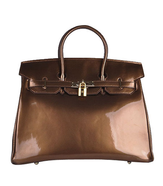 Hermes Birkin 35cm Bronze Patent Leather Bag Golden Metal