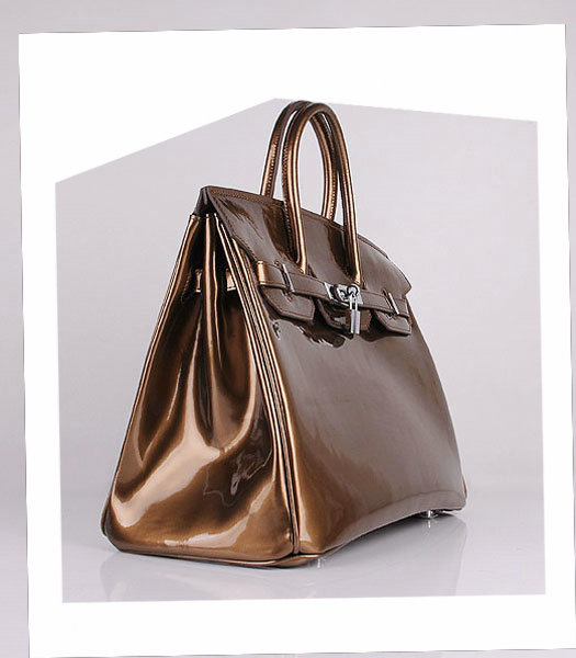 Hermes Birkin 35cm Bronze Patent Leather Bag Silver Metal-1