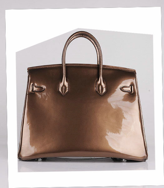 Hermes Birkin 35cm Bronze Patent Leather Bag Silver Metal-2