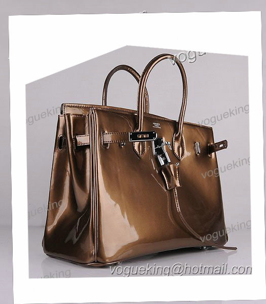 Hermes Birkin 35cm Bronze Patent Leather Bag Silver Metal-4
