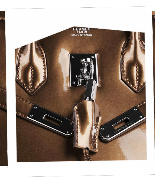 Hermes Birkin 35cm Bronze Patent Leather Bag Silver Metal-5