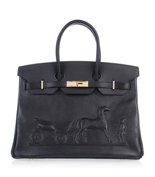 Hermes Birkin 35cm Horse-drawn Carriage Black Plain Veins Bag Golden Metal