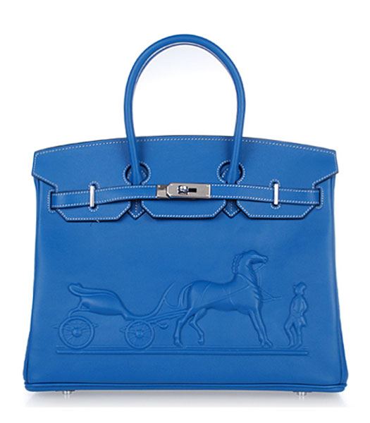 Hermes Birkin 35cm Horse-drawn Carriage Dark Blue Plain Veins Bag Silver Metal