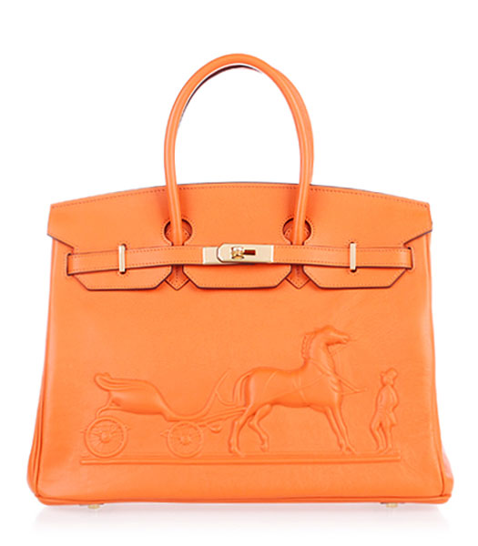 Hermes Birkin 35cm Horse-drawn Carriage Orange Plain Veins Bag Golden Metal
