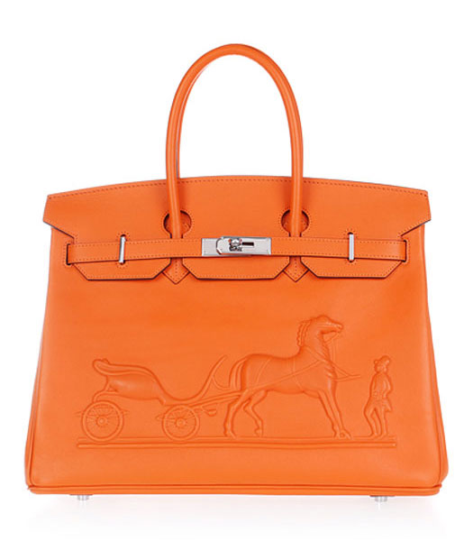 Hermes Birkin 35cm Horse-drawn Carriage Orange Plain Veins Bag Silver Metal