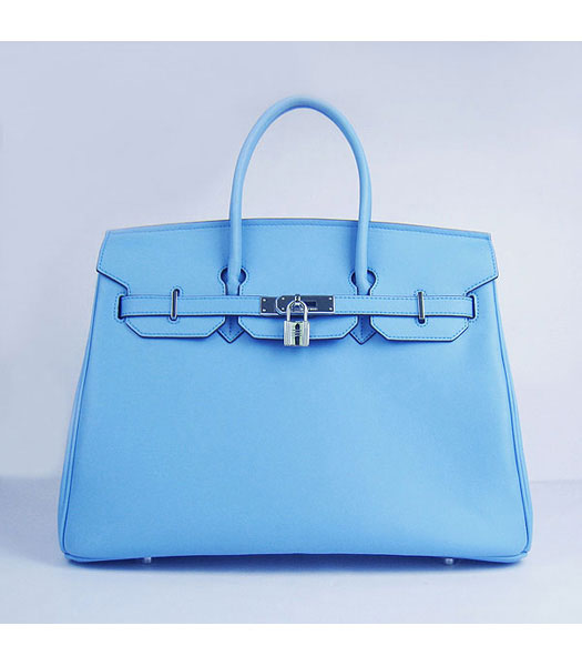 Hermes Birkin 35cm Light Blue Plain Veins Bag Silver