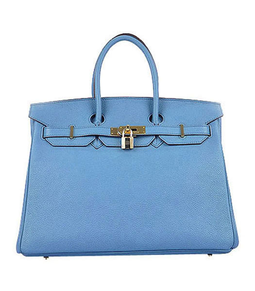 Hermes Birkin 35cm Middle Blue Original Leather Bag Golden Metal