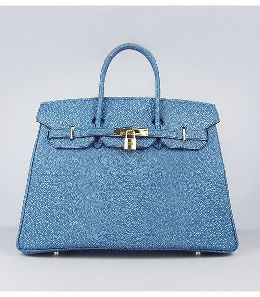 Hermes Birkin 35cm Middle Blue Pearl Veins Leather Golden Metal