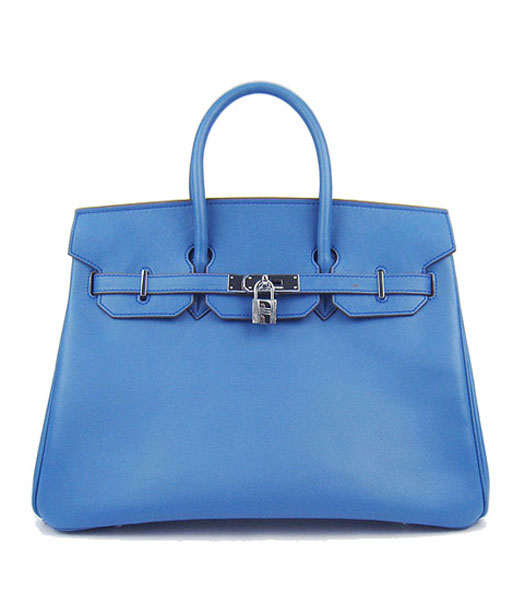 Hermes Birkin 35cm Middle Blue Plain Veins Bag Silver Metal