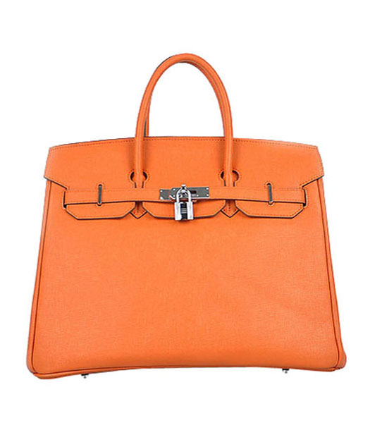 Hermes Birkin 35cm Orange Cross Veins Leather Bag Silver Metal