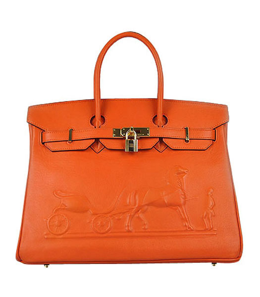 Hermes Birkin 35cm Orange Horse-drawn Leather Bag Golden Metal